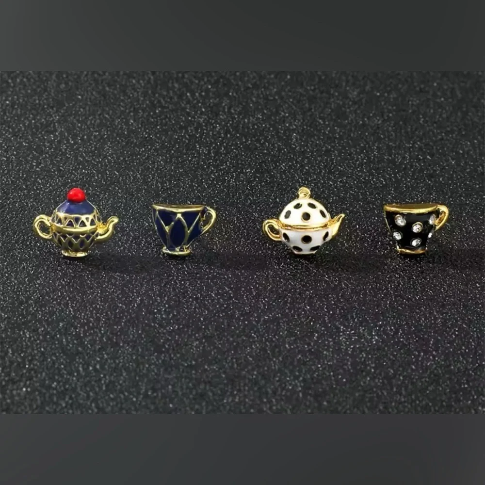 Alice In Wonderland Gold Enameled Black & White Teapot & Teacup Stud Earrings - Picture 10 of 10